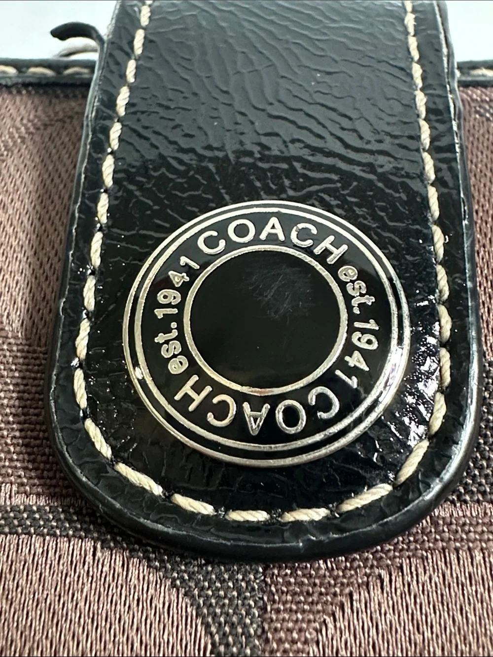 Coach Brown Signature Wallet Zip Around Black Stripe Zipper